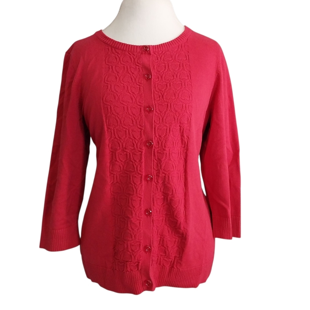 Vtg Christopher & Banks Size Large 3/4 Sleeve Hearts Valentines Sweater Cardigan